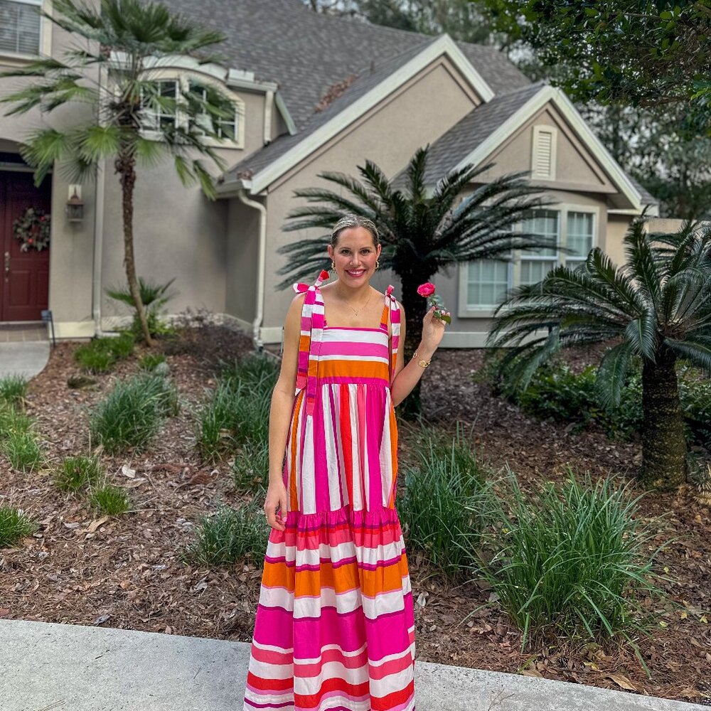 HerStory Bridget Tie Pink and Orange Striped Maxi Dress by Hermoza in Women’s S